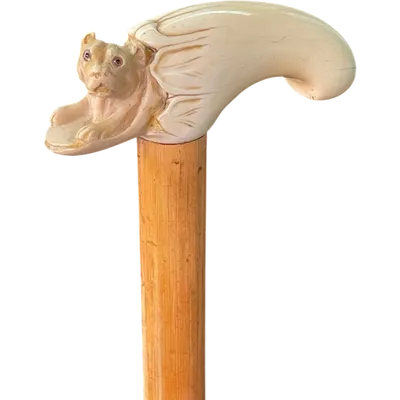 A walking stick with an ivory side handle depicting a dog inside a hiding place.