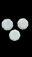 Three majolica plates with scalloped rims and high-fire “Baroque fruit” decoration.