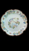 Three majolica plates with scalloped rims and high-fire “Baroque fruit” decoration.