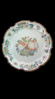 Three majolica plates with scalloped rims and high-fire “Baroque fruit” decoration.