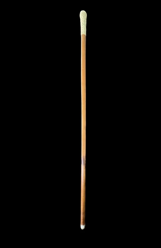 A walking stick with a spherical ivory pommel engraved with stylized plant motifs.