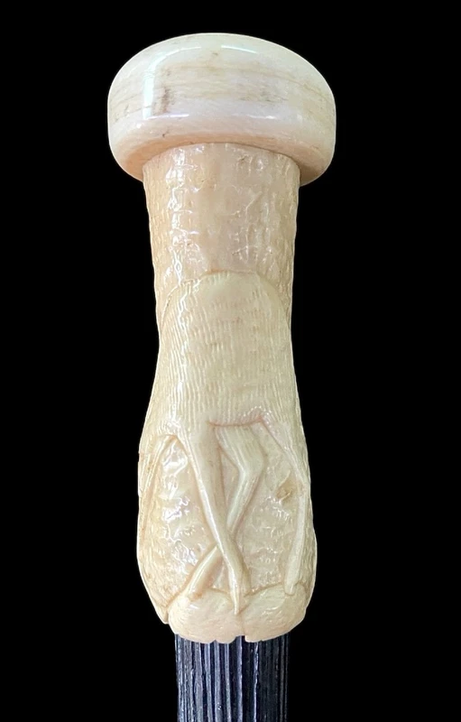 A walking stick with a spherical ivory pommel featuring a deer figure engraved in bas-relief.