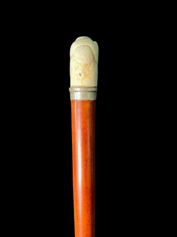 A staff with a side handle in the shape of a tau, made of ivory and depicting a snake hunting inside a tree trunk.