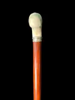 A staff with a side handle in the shape of a tau, made of ivory and depicting a snake hunting inside a tree trunk.