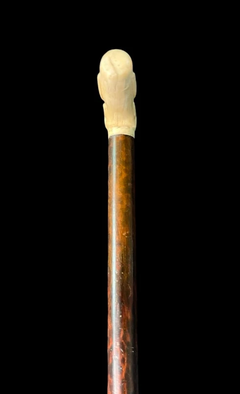 A walking stick with a side-mounted tau-shaped handle depicting a deer's head.