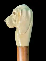 A walking stick with a knob shaped like a dog's head.