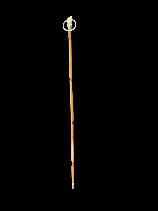 A walking stick with an ivory knob depicting a hand clutching a ring (glove holder).l