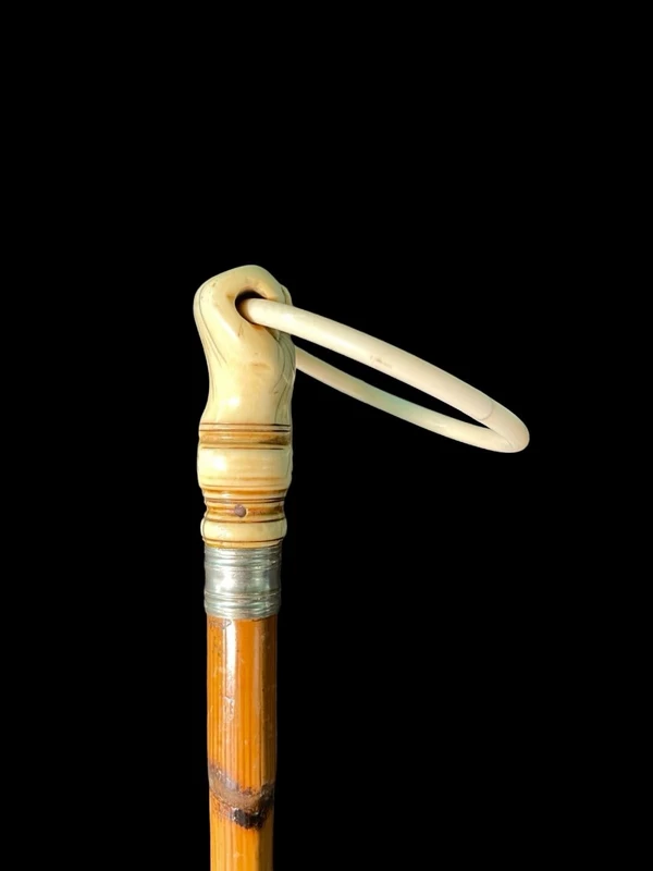 A walking stick with an ivory knob depicting a hand clutching a ring (glove holder).l