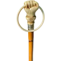 A walking stick with an ivory knob depicting a hand clutching a ring (glove holder).l
