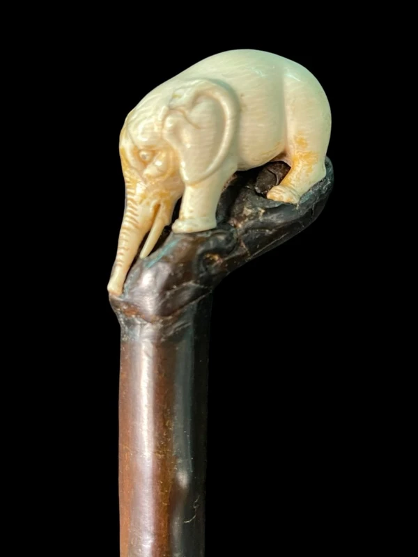 A walking stick with a partially ivory pommel featuring an elephant figure in high relief.
