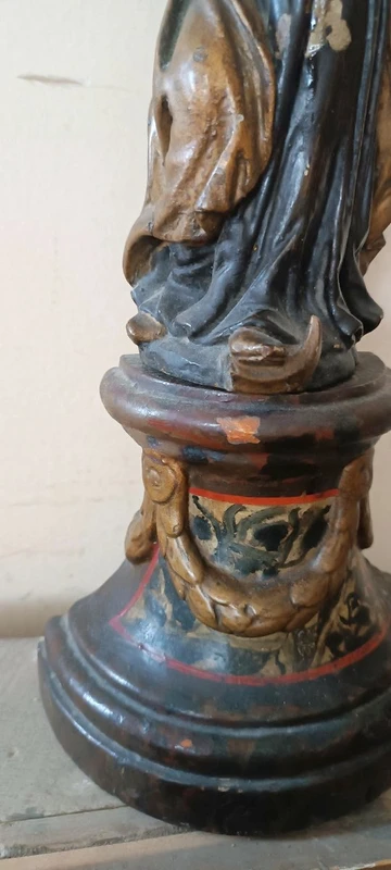 Ancienne sculpture baroque polychrome en bois, Vierge à l'Enfant