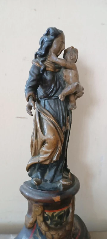 Ancienne sculpture baroque polychrome en bois, Vierge à l'Enfant