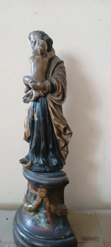 Ancienne sculpture baroque polychrome en bois, Vierge à l'Enfant
