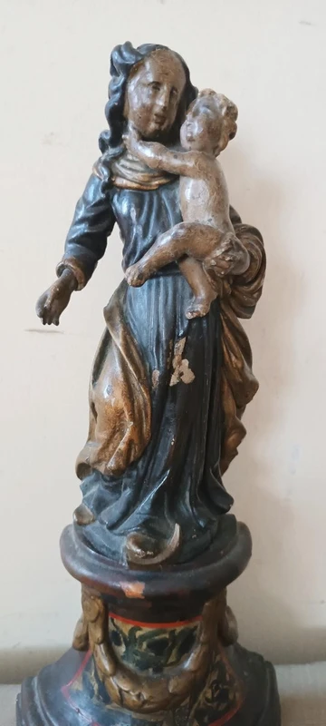 Ancienne sculpture baroque polychrome en bois, Vierge à l'Enfant