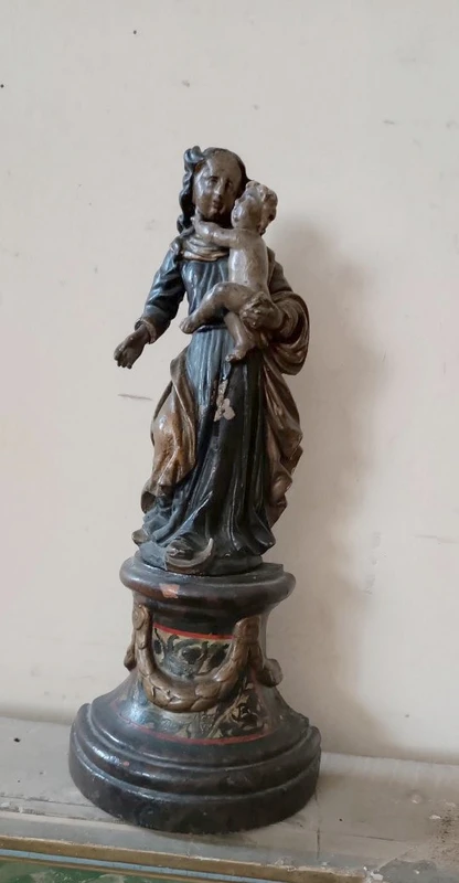 Ancienne sculpture baroque polychrome en bois, Vierge à l'Enfant