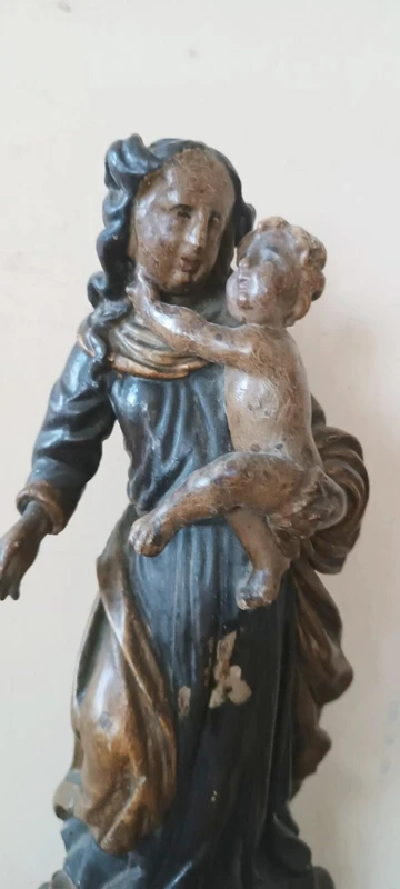 Ancienne sculpture baroque polychrome en bois, Vierge à l'Enfant