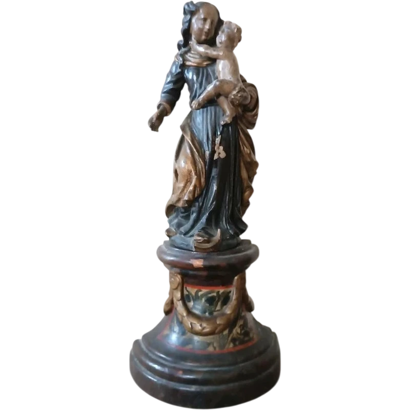 Ancienne sculpture baroque polychrome en bois, Vierge à l'Enfant