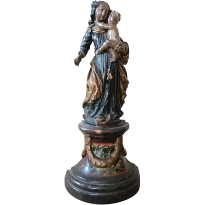 Antique polychrome Baroque wooden sculpture, Madonna and Child