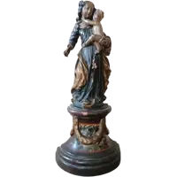 Ancienne sculpture baroque polychrome en bois, Vierge à l'Enfant