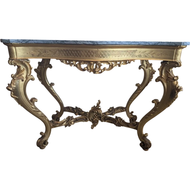 Grande console rococo dorée avec plateau en marbre, fin du XIXe - début du XXe siècle