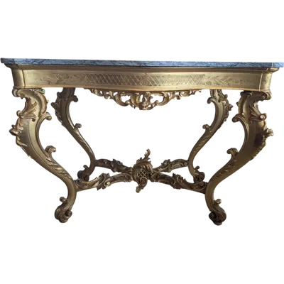 Grande console rococo dorée avec plateau en marbre, fin du XIXe - début du XXe siècle