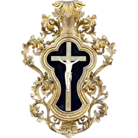 Christ en ivoire, dans un cadre en forme de cartouche en bois sculpté et doré à la feuille.