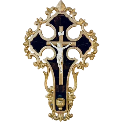 Ivory statue of Christ on a carved wooden frame with a holy water font, gilded with gold leaf