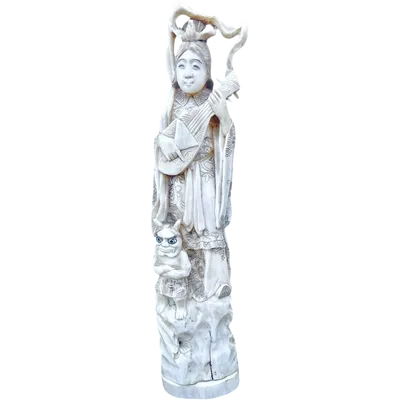 Okimono ivory sculpture depicting a female figure with a musical instrument