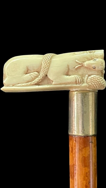 Bastone con impugnatura laterale in avorio raffigurante leone e serpente.