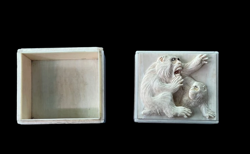 A small ivory box with a lid engraved with two monkeys in high relief.