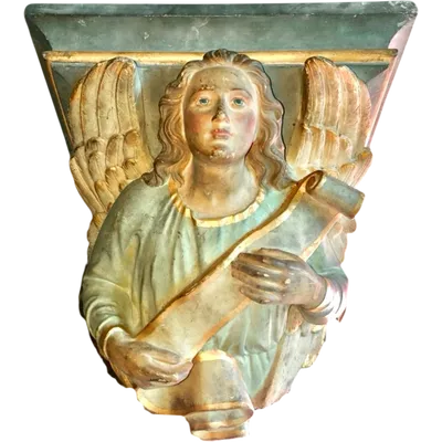 Grande étagère en terre cuite représentant un ange avec un ruban.