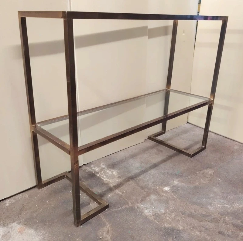 1970s Console Table, Minimalist Design, Burnished Brass and Glass, Mid-Century Style