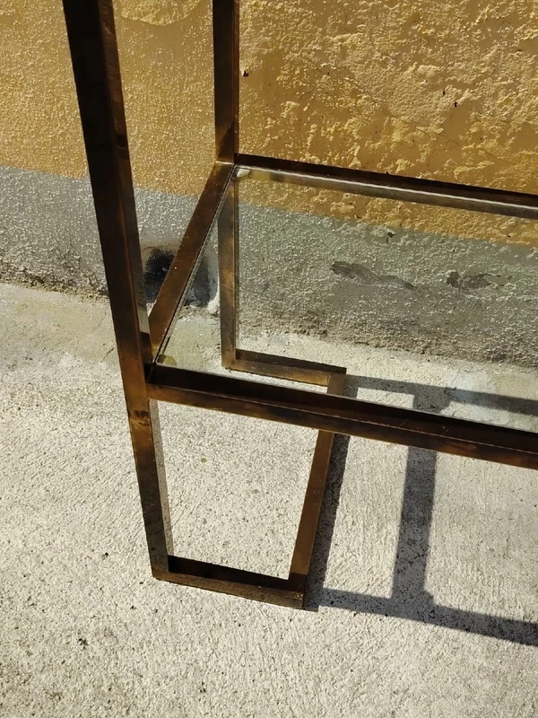 1970s Console Table, Minimalist Design, Burnished Brass and Glass, Mid-Century Style