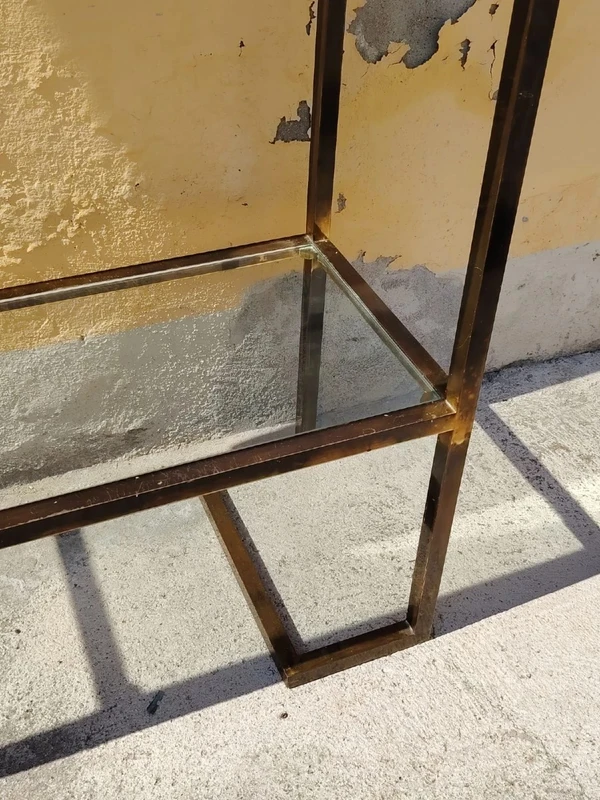 1970s Console Table, Minimalist Design, Burnished Brass and Glass, Mid-Century Style