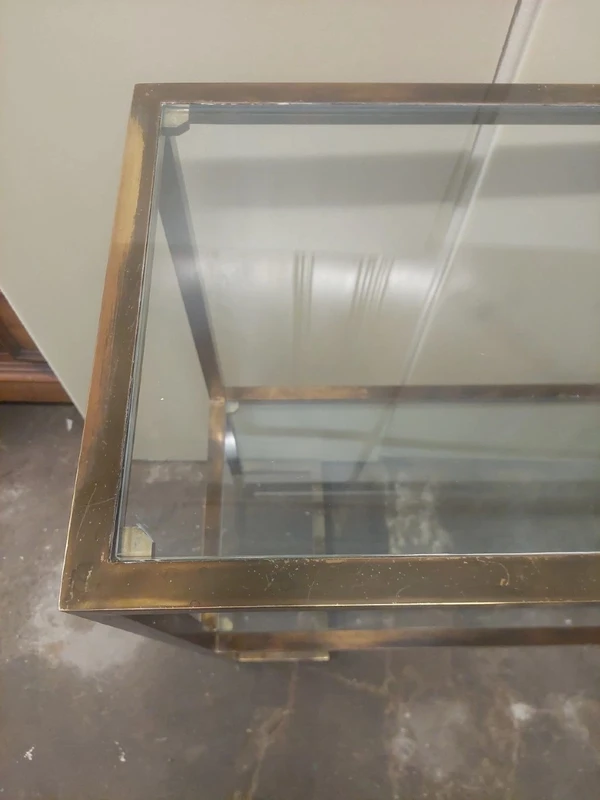 1970s Console Table, Minimalist Design, Burnished Brass and Glass, Mid-Century Style