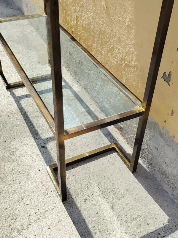 1970s Console Table, Minimalist Design, Burnished Brass and Glass, Mid-Century Style