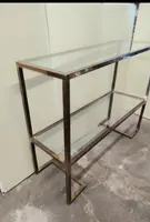 1970s Console Table, Minimalist Design, Burnished Brass and Glass, Mid-Century Style