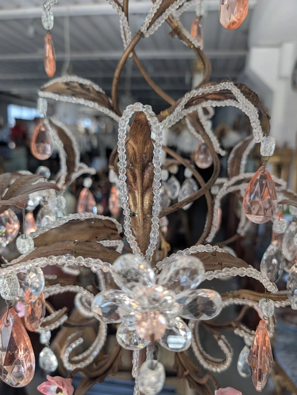 Small 3-Light Chandelier in Gilded Iron, Crystal, and Porcelain – 1950s