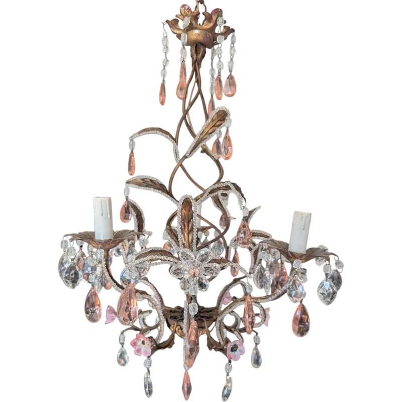 Small 3-Light Chandelier in Gilded Iron, Crystal, and Porcelain – 1950s