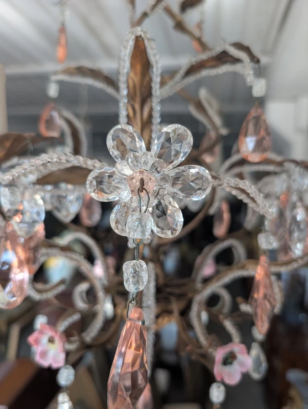 Small 3-Light Chandelier in Gilded Iron, Crystal, and Porcelain – 1950s