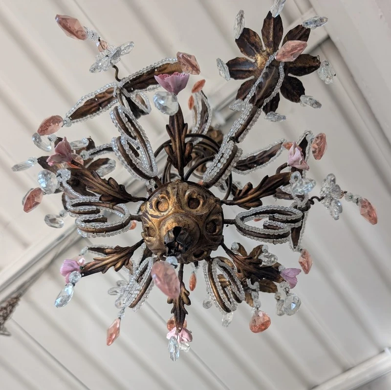 Small 3-Light Chandelier in Gilded Iron, Crystal, and Porcelain – 1950s