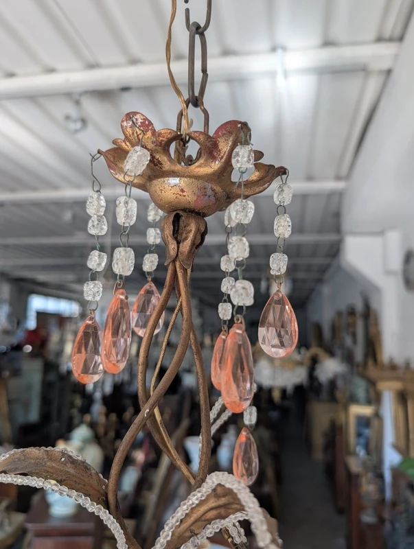 Small 3-Light Chandelier in Gilded Iron, Crystal, and Porcelain – 1950s