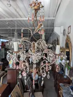 Small 3-Light Chandelier in Gilded Iron, Crystal, and Porcelain – 1950s