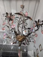 Small 3-Light Chandelier in Gilded Iron, Crystal, and Porcelain – 1950s