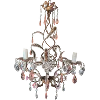 Small 3-Light Chandelier in Gilded Iron, Crystal, and Porcelain – 1950s