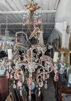 Small 3-Light Chandelier in Gilded Iron, Crystal, and Porcelain – 1950s