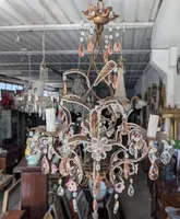 Small 3-Light Chandelier in Gilded Iron, Crystal, and Porcelain – 1950s