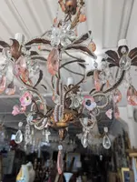 Small 3-Light Chandelier in Gilded Iron, Crystal, and Porcelain – 1950s