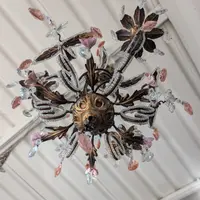 Small 3-Light Chandelier in Gilded Iron, Crystal, and Porcelain – 1950s