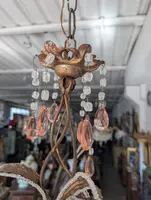 Small 3-Light Chandelier in Gilded Iron, Crystal, and Porcelain – 1950s